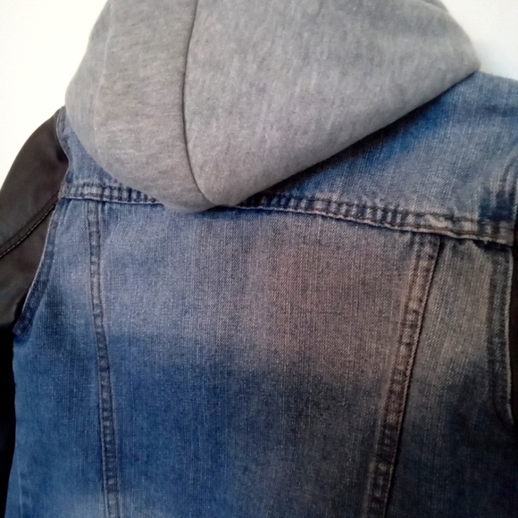 Boys Distressed Denim Jacket with Hood & Faux Leather Sleeves - Picture 14 of 14